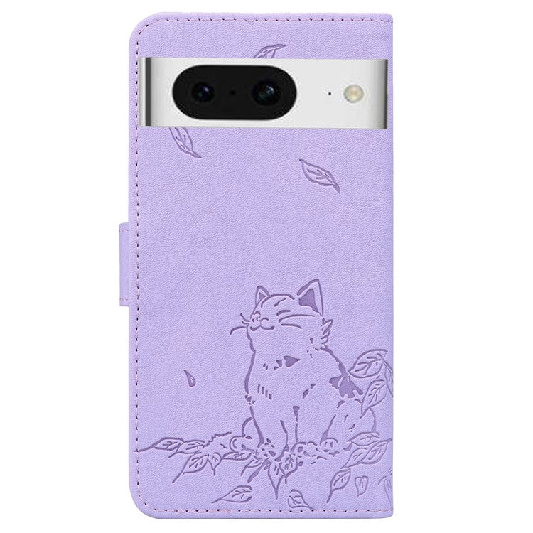 For Google Pixel 8 Case Wallet Cat Pattern Imprinted Leather Phone Cover - Purple