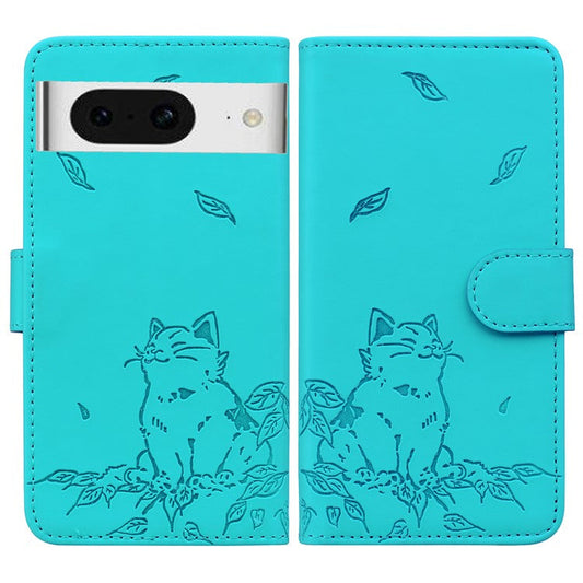 For Google Pixel 8 Case Wallet Cat Pattern Imprinted Leather Phone Cover - Lake Blue