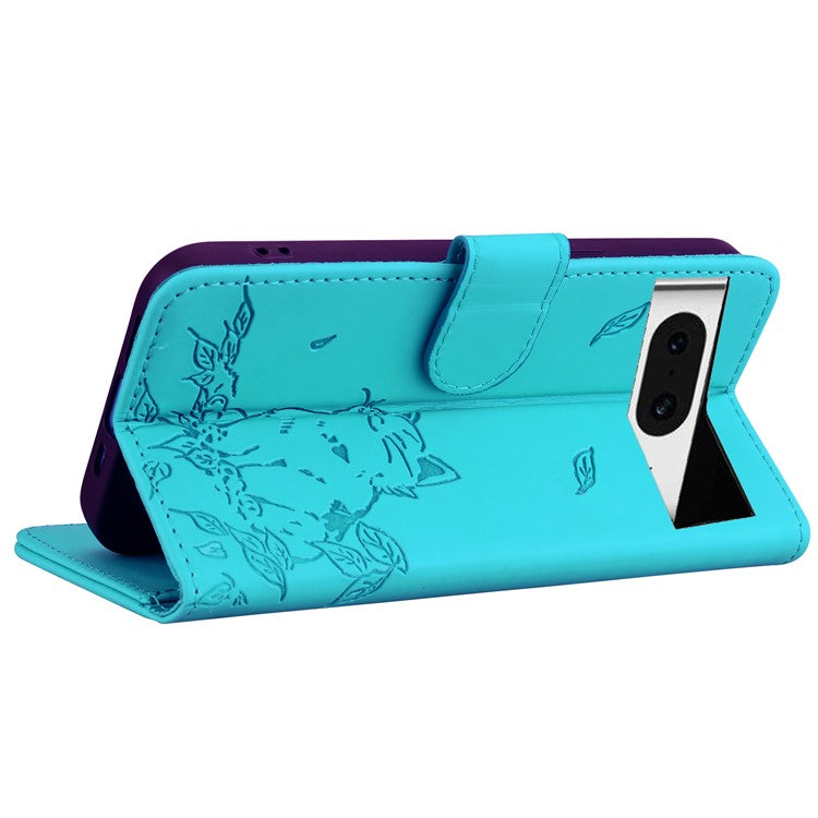 For Google Pixel 8 Case Wallet Cat Pattern Imprinted Leather Phone Cover - Lake Blue
