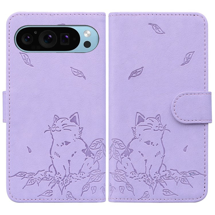 For Google Pixel 9 Pro XL Case Wallet Cat Pattern Imprinted Leather Phone Cover - Purple