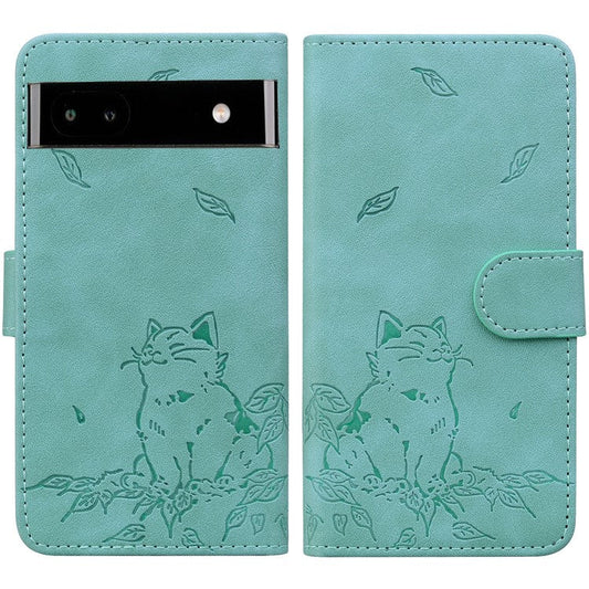 For Google Pixel 7a Case Wallet Cat Pattern Imprinted Leather Phone Cover - Green