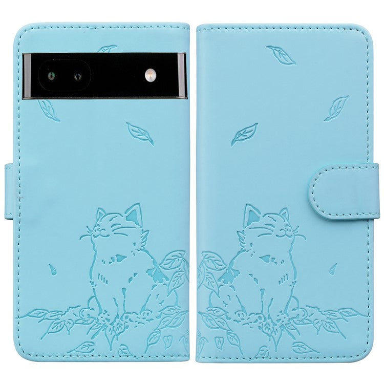 For Google Pixel 7a Case Wallet Cat Pattern Imprinted Leather Phone Cover - Sky Blue
