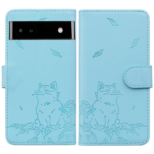 For Google Pixel 7a Case Wallet Cat Pattern Imprinted Leather Phone Cover - Sky Blue