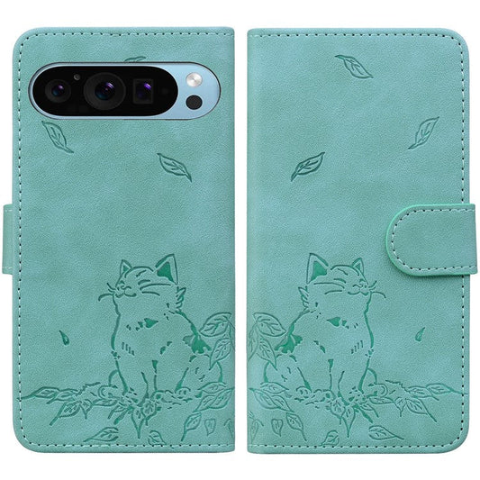 For Google Pixel 9 / Pixel 9 Pro Case Wallet Cat Pattern Imprinted Leather Phone Cover - Green