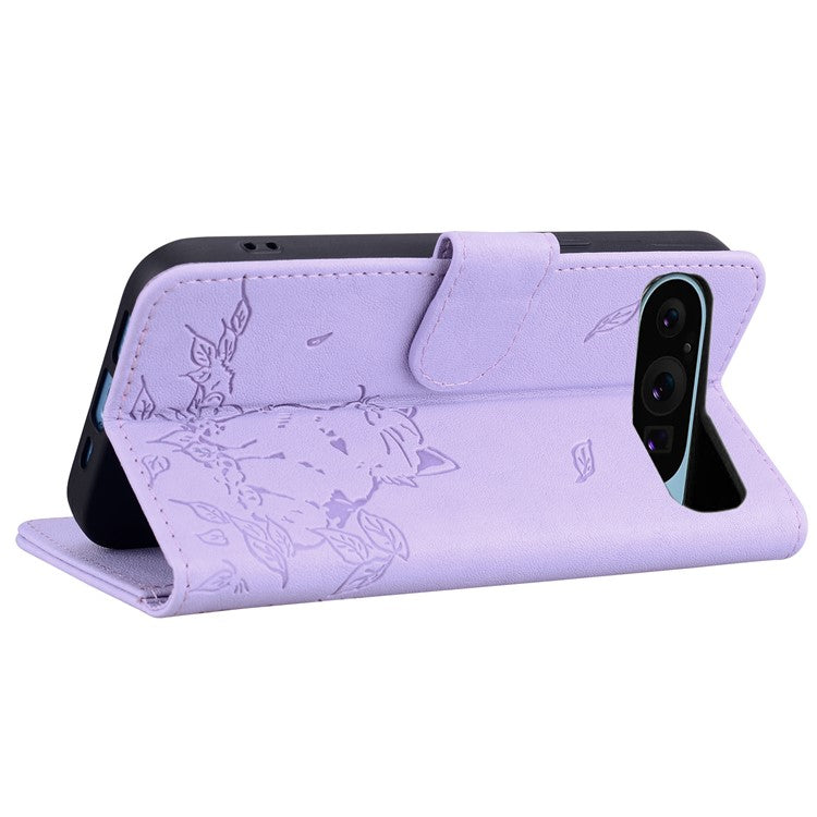 For Google Pixel 9 / Pixel 9 Pro Case Wallet Cat Pattern Imprinted Leather Phone Cover - Purple