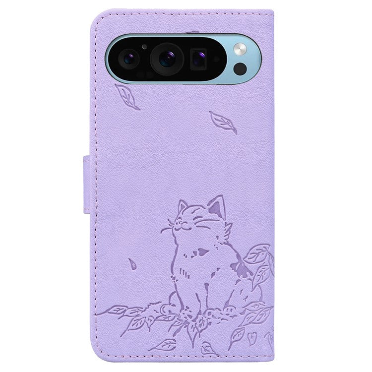 For Google Pixel 9 / Pixel 9 Pro Case Wallet Cat Pattern Imprinted Leather Phone Cover - Purple
