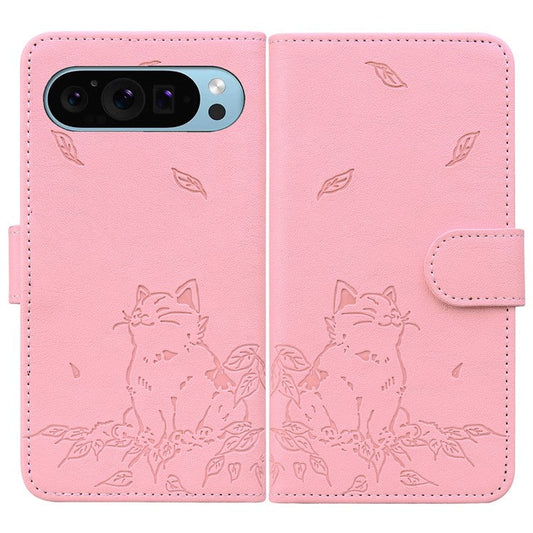 For Google Pixel 9 / Pixel 9 Pro Case Wallet Cat Pattern Imprinted Leather Phone Cover - Pink