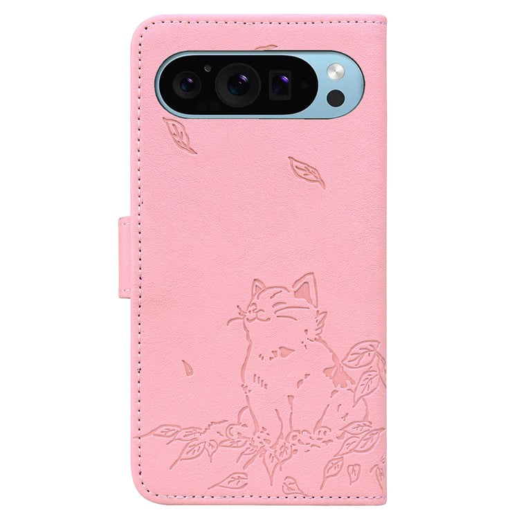 For Google Pixel 9 / Pixel 9 Pro Case Wallet Cat Pattern Imprinted Leather Phone Cover - Pink