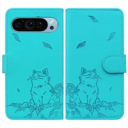 For Google Pixel 9 / Pixel 9 Pro Case Wallet Cat Pattern Imprinted Leather Phone Cover - Lake Blue
