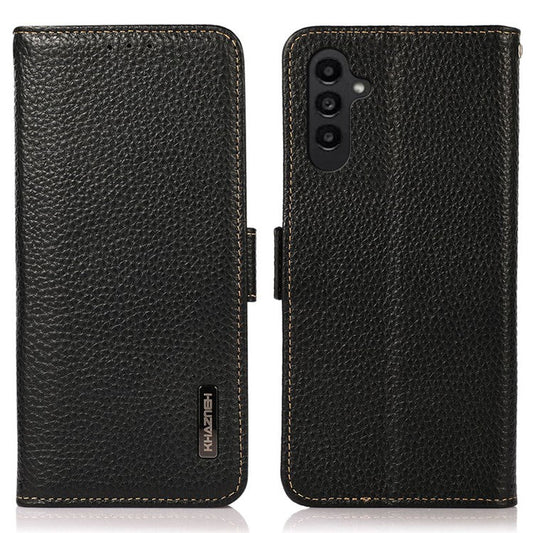 KHAZNEH For Samsung Galaxy M35 5G Phone Case Genuine Cow Leather Cover RFID Blocking - Black
