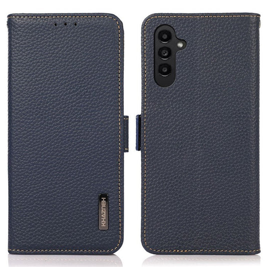 KHAZNEH For Samsung Galaxy M35 5G Phone Case Genuine Cow Leather Cover RFID Blocking - Blue