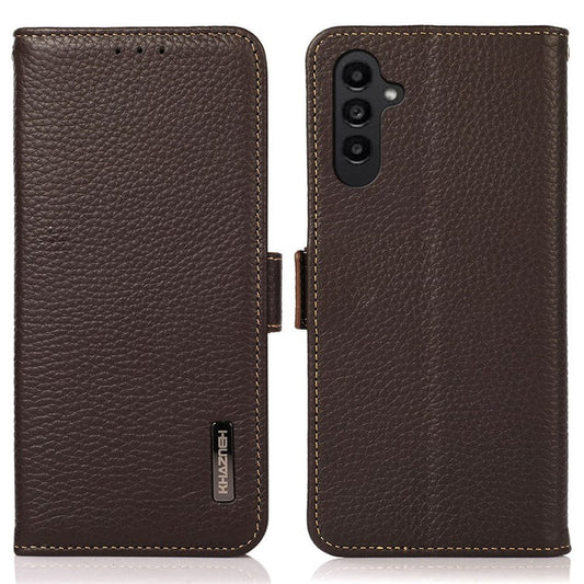 KHAZNEH For Samsung Galaxy M35 5G Phone Case Genuine Cow Leather Cover RFID Blocking - Brown