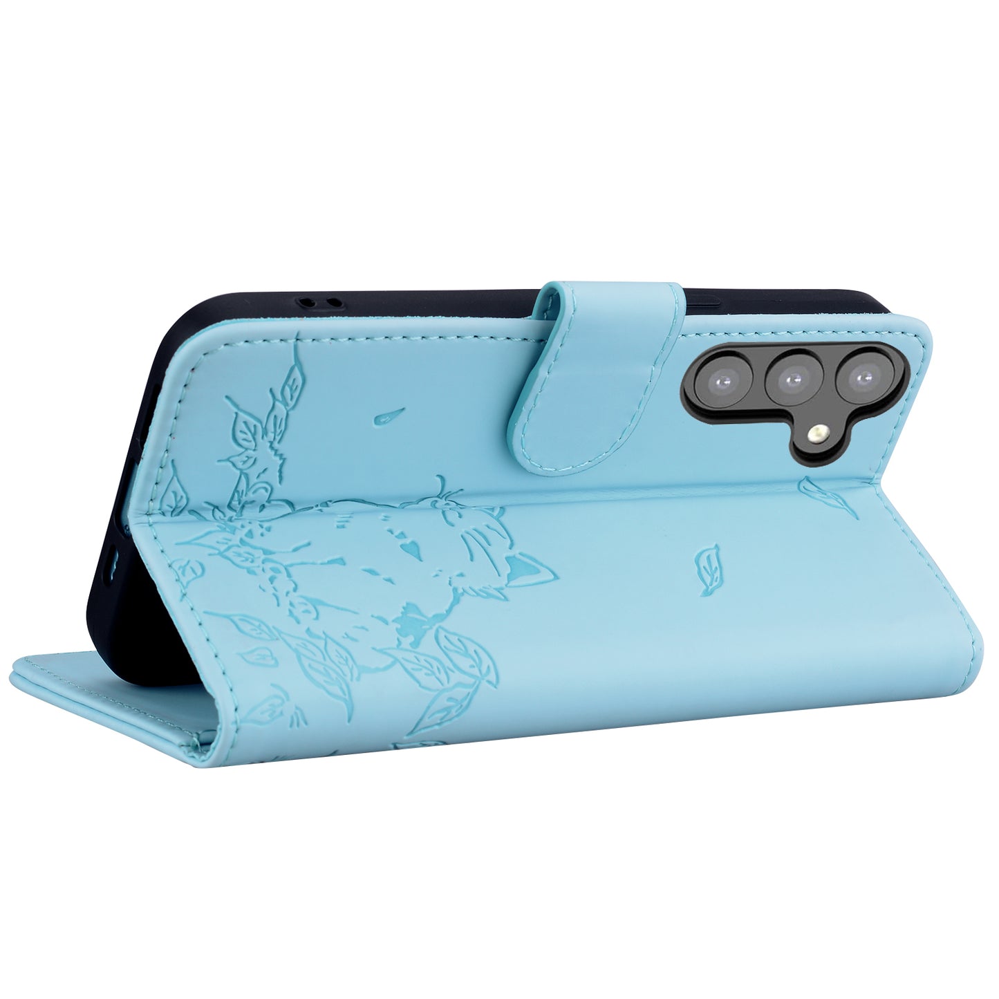 For Samsung Galaxy A16 5G / A16 4G Case Wallet Cat Pattern Imprinted Leather Phone Cover - Sky Blue