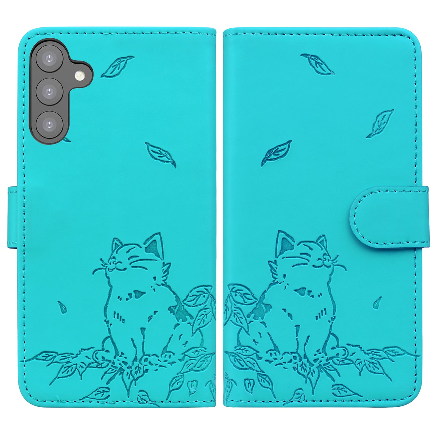 For Samsung Galaxy A16 5G / A16 4G Case Wallet Cat Pattern Imprinted Leather Phone Cover - Lake Blue