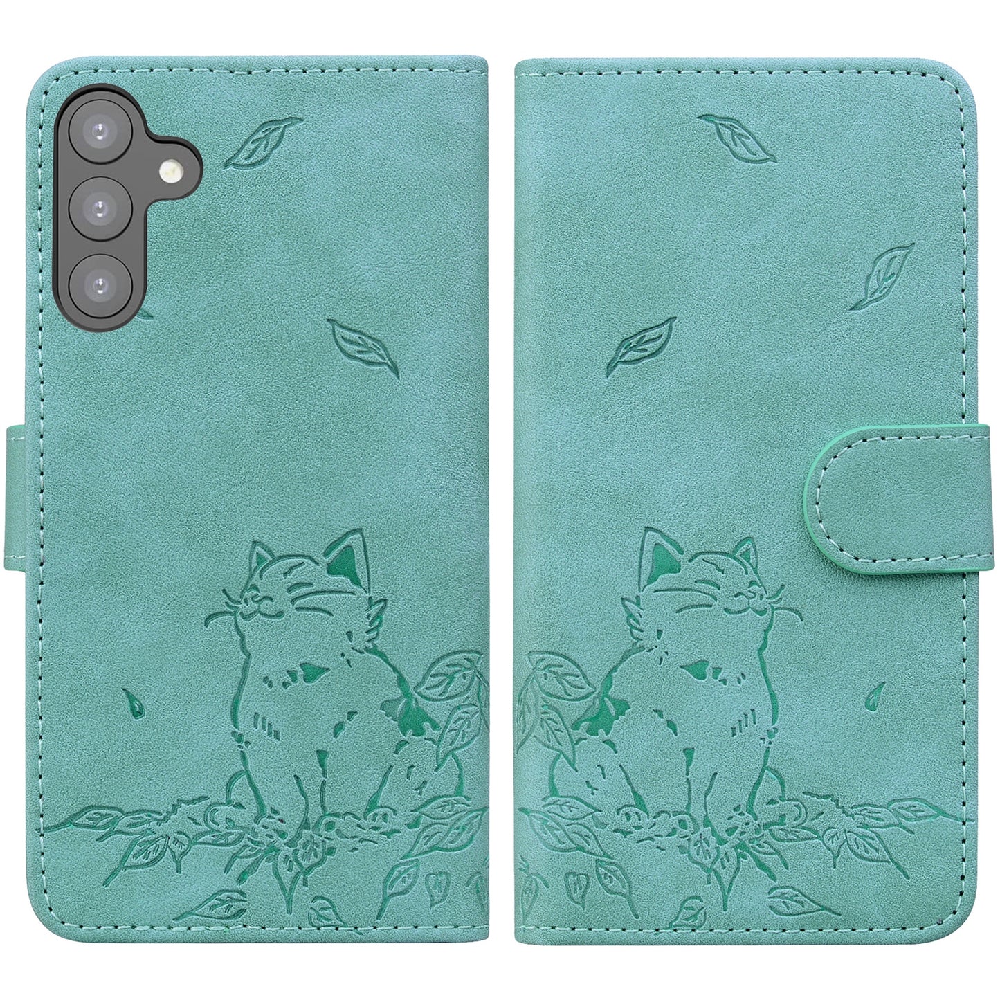 For Samsung Galaxy A16 5G / A16 4G Case Wallet Cat Pattern Imprinted Leather Phone Cover - Green