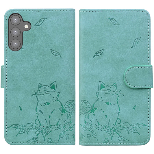 For Samsung Galaxy A16 5G / A16 4G Case Wallet Cat Pattern Imprinted Leather Phone Cover - Green