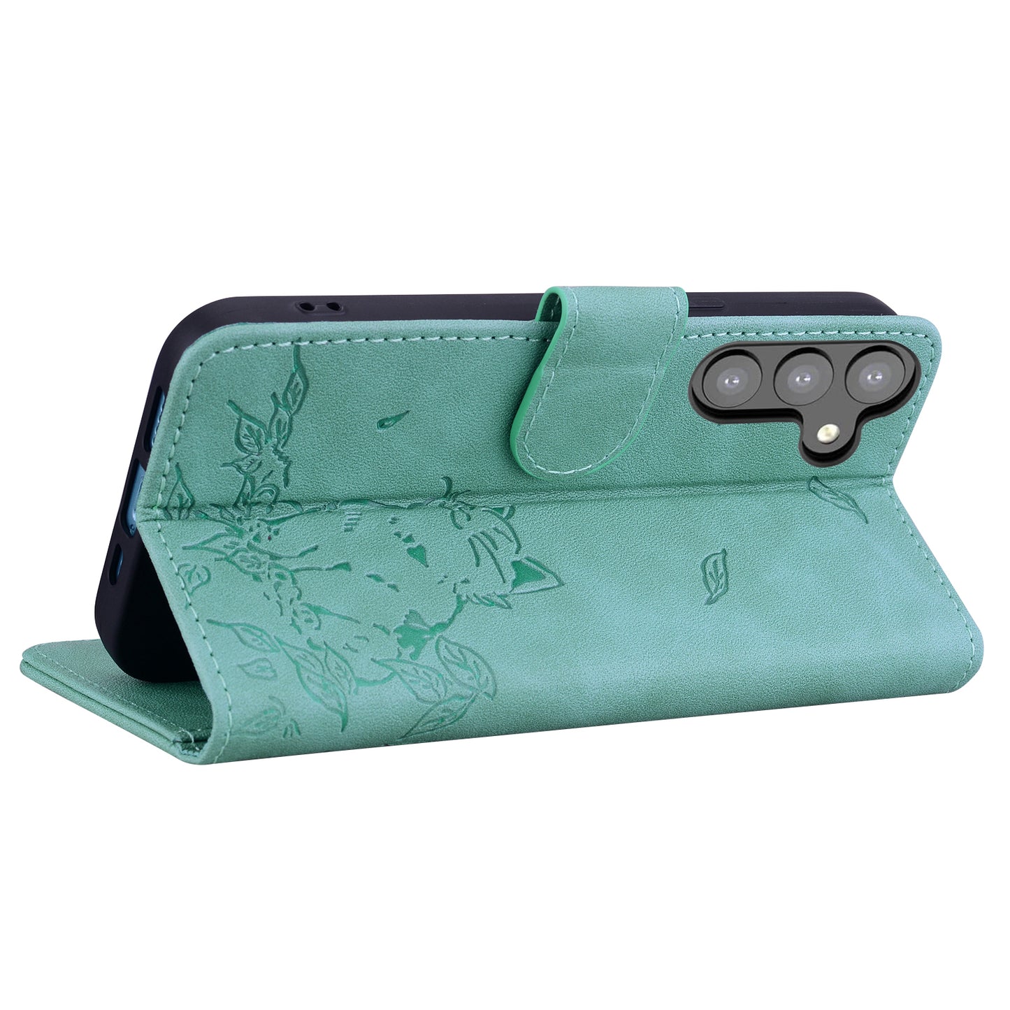 For Samsung Galaxy A16 5G / A16 4G Case Wallet Cat Pattern Imprinted Leather Phone Cover - Green