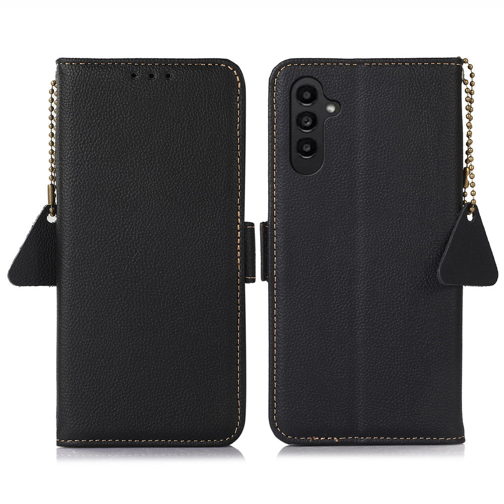 TJ For Samsung Galaxy A16 5G / A16 4G Case RFID Blocking Genuine Cow Leather Phone Cover - Black