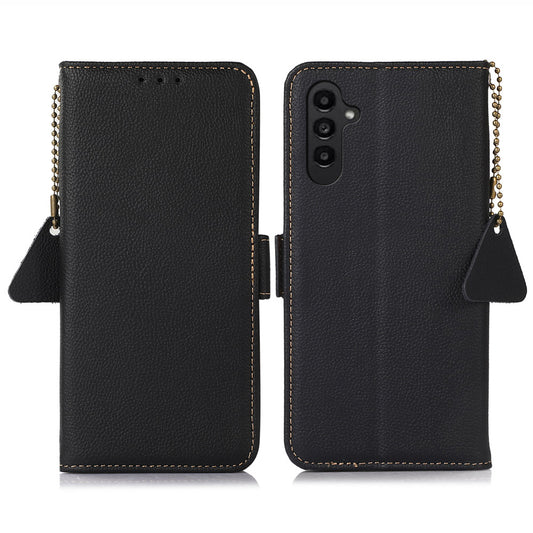 TJ For Samsung Galaxy A16 5G / A16 4G Case RFID Blocking Genuine Cow Leather Phone Cover - Black