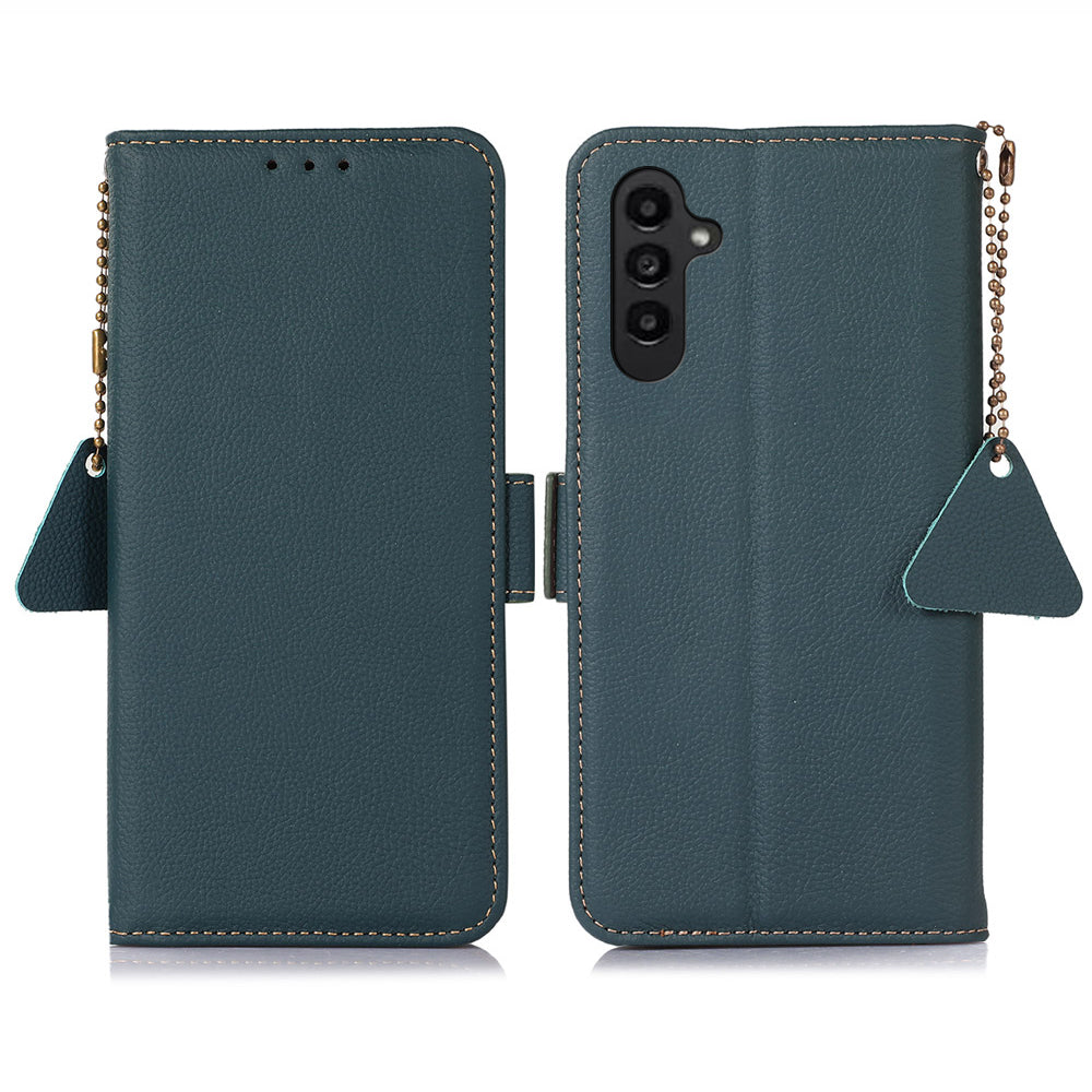 TJ For Samsung Galaxy A16 5G / A16 4G Case RFID Blocking Genuine Cow Leather Phone Cover - Green