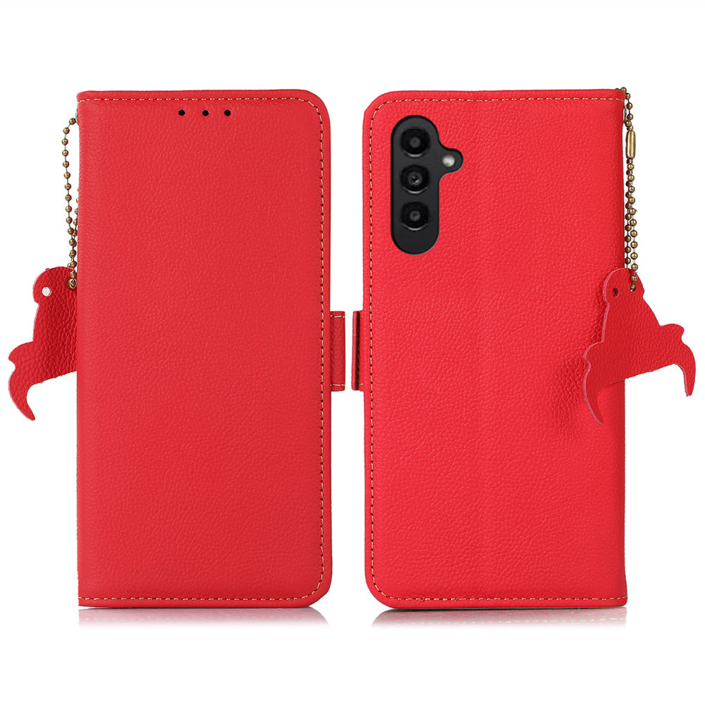 TJ For Samsung Galaxy A16 5G / A16 4G Case RFID Blocking Genuine Cow Leather Phone Cover - Red