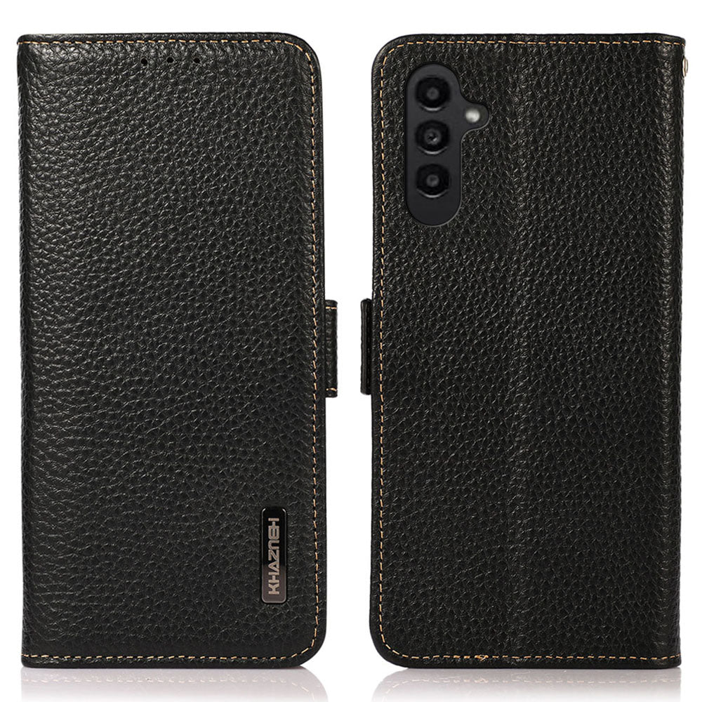 KHAZNEH For Samsung Galaxy A16 5G / A16 4G Phone Case Genuine Cow Leather Cover RFID Blocking - Black