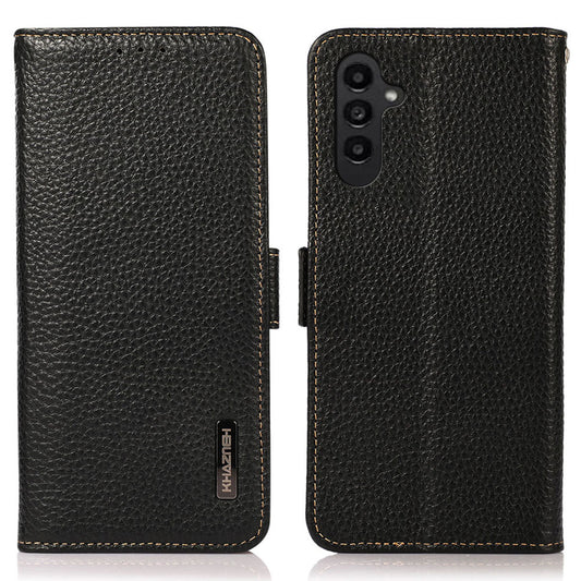 KHAZNEH For Samsung Galaxy A16 5G / A16 4G Phone Case Genuine Cow Leather Cover RFID Blocking - Black