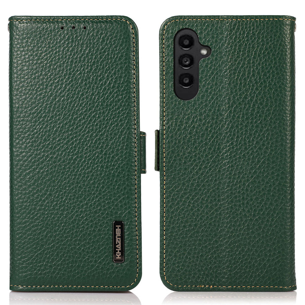 KHAZNEH For Samsung Galaxy A16 5G / A16 4G Phone Case Genuine Cow Leather Cover RFID Blocking - Green