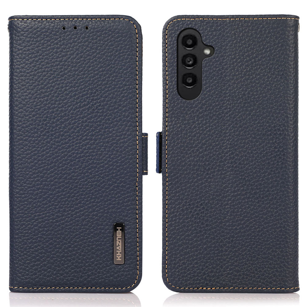KHAZNEH For Samsung Galaxy A16 5G / A16 4G Phone Case Genuine Cow Leather Cover RFID Blocking - Blue