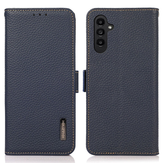 KHAZNEH For Samsung Galaxy A16 5G / A16 4G Phone Case Genuine Cow Leather Cover RFID Blocking - Blue
