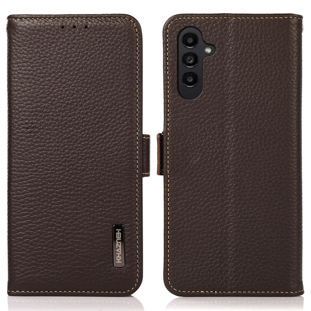 KHAZNEH For Samsung Galaxy A16 5G / A16 4G Phone Case Genuine Cow Leather Cover RFID Blocking - Brown
