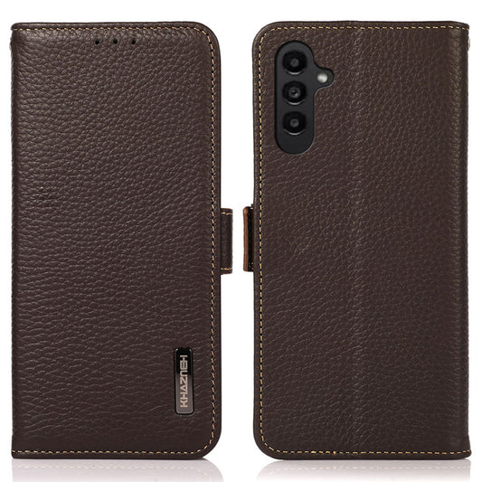 KHAZNEH For Samsung Galaxy A16 5G / A16 4G Phone Case Genuine Cow Leather Cover RFID Blocking - Brown