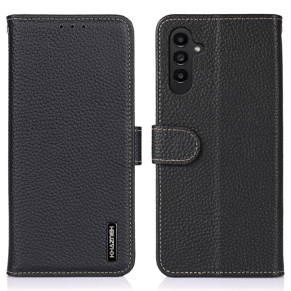 KHAZNEH For Samsung Galaxy A16 5G / A16 4G Phone Case Genuine Cow Leather Flip Cover - Black