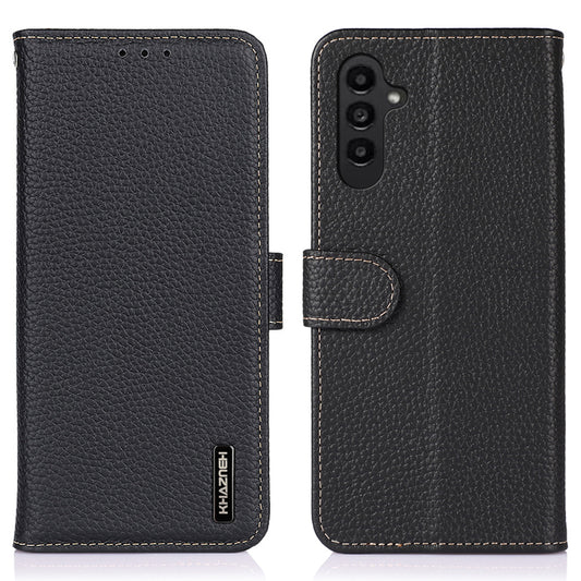 KHAZNEH For Samsung Galaxy A16 5G / A16 4G Phone Case Genuine Cow Leather Flip Cover - Black
