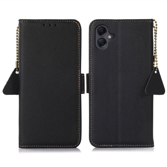 TJ For Samsung Galaxy A06 Case RFID Blocking Genuine Cow Leather Phone Cover - Black