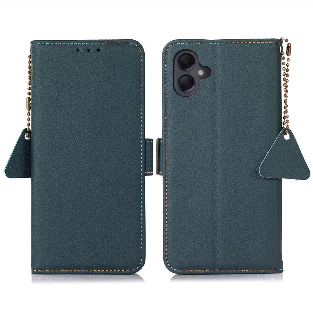 TJ For Samsung Galaxy A06 Case RFID Blocking Genuine Cow Leather Phone Cover - Green