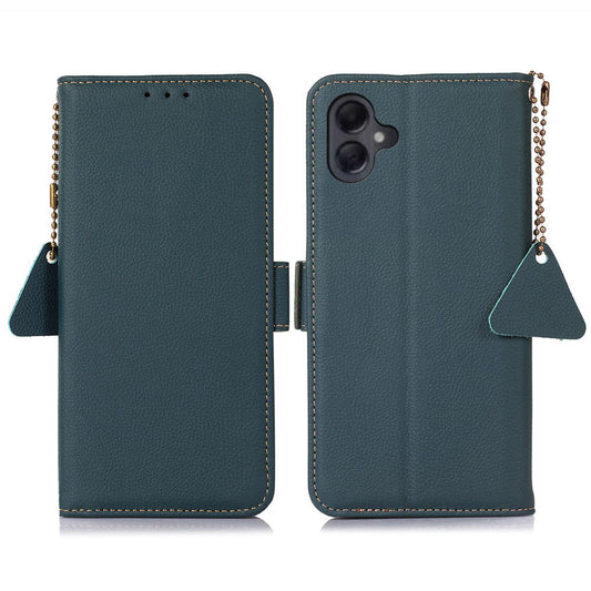 TJ For Samsung Galaxy A06 Case RFID Blocking Genuine Cow Leather Phone Cover - Green