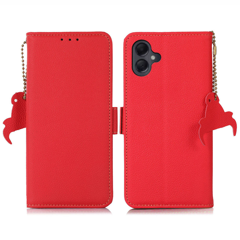 TJ For Samsung Galaxy A06 Case RFID Blocking Genuine Cow Leather Phone Cover - Red
