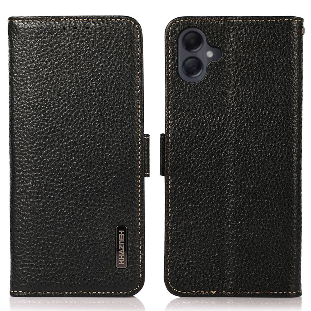 KHAZNEH For Samsung Galaxy A06 Phone Case Genuine Cow Leather Cover RFID Blocking - Black