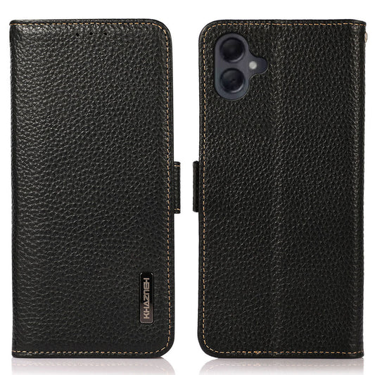 KHAZNEH For Samsung Galaxy A06 Phone Case Genuine Cow Leather Cover RFID Blocking - Black