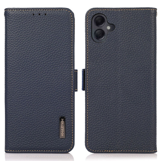 KHAZNEH For Samsung Galaxy A06 Phone Case Genuine Cow Leather Cover RFID Blocking - Blue