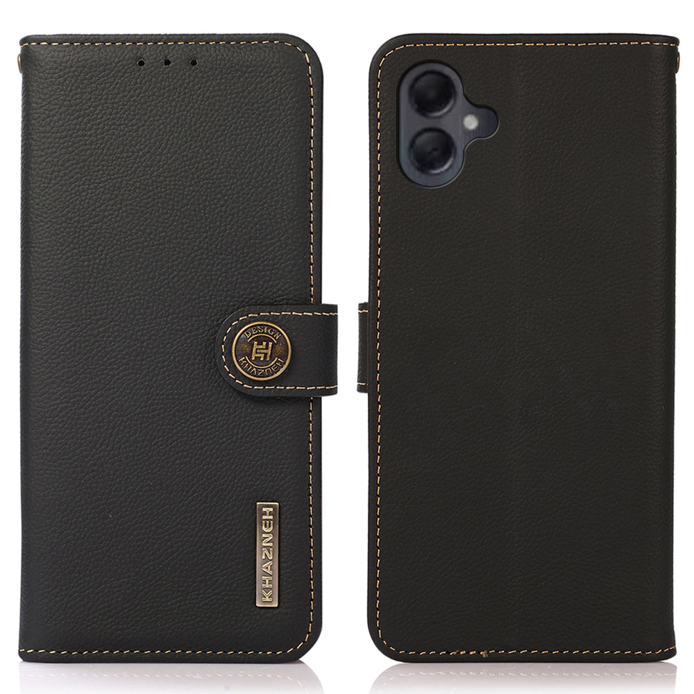 KHAZNEH For Samsung Galaxy A06 Case Genuine Cow Leather Wallet Phone Cover - Black