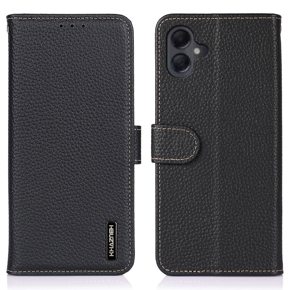 KHAZNEH For Samsung Galaxy A06 Phone Case Genuine Cow Leather Flip Cover - Black