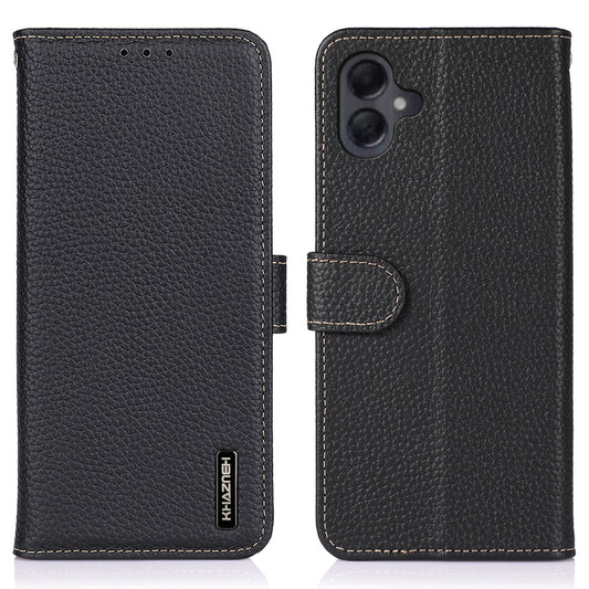 KHAZNEH For Samsung Galaxy A06 Phone Case Genuine Cow Leather Flip Cover - Black