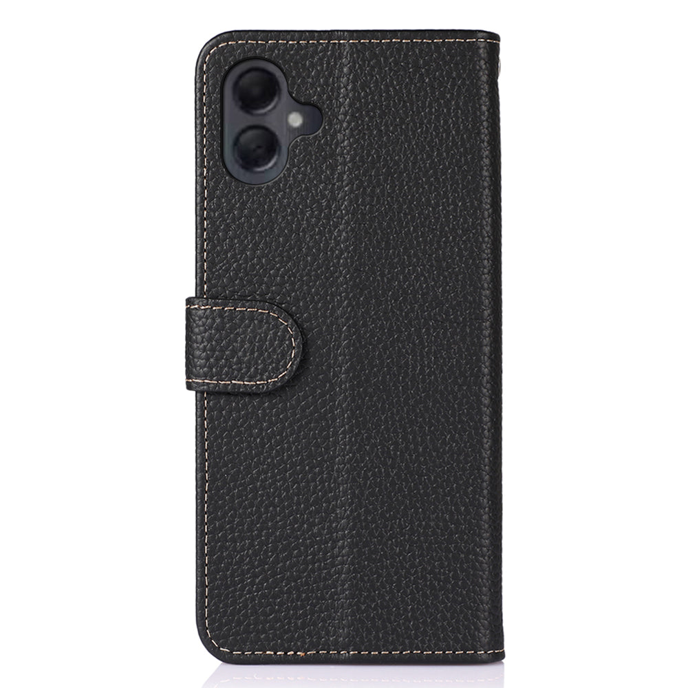 KHAZNEH For Samsung Galaxy A06 Phone Case Genuine Cow Leather Flip Cover - Black