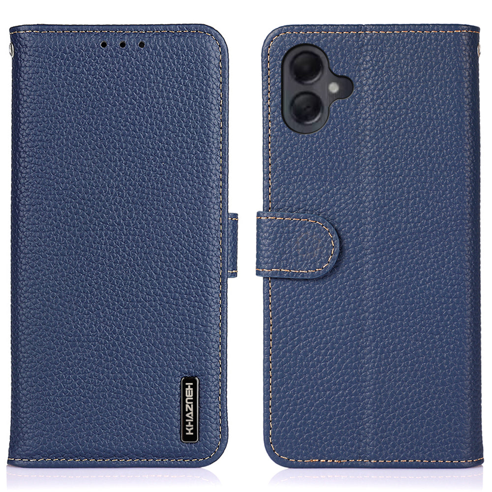 KHAZNEH For Samsung Galaxy A06 Phone Case Genuine Cow Leather Flip Cover - Blue
