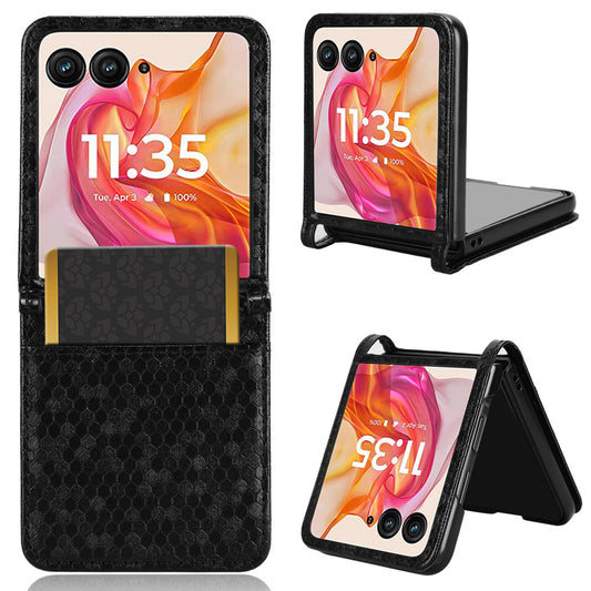 For Motorola Razr 50 Ultra 5G Phone Case with Card Holder Imprinted Dot Pattern Leather Phone Cover - Black