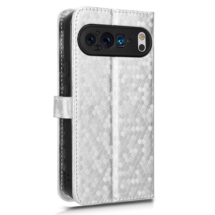 For Google Pixel 9 / 9 Pro Wallet Case Dot Pattern Imprint PU Leather Phone Cover - Silver