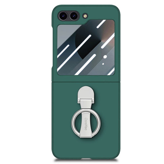 For Samsung Galaxy Z Flip7 FE 5G / Z Flip6 5G Case Ring Kickstand PC Phone Cover with Tempered Glass Rear Screen Film - Dark Green