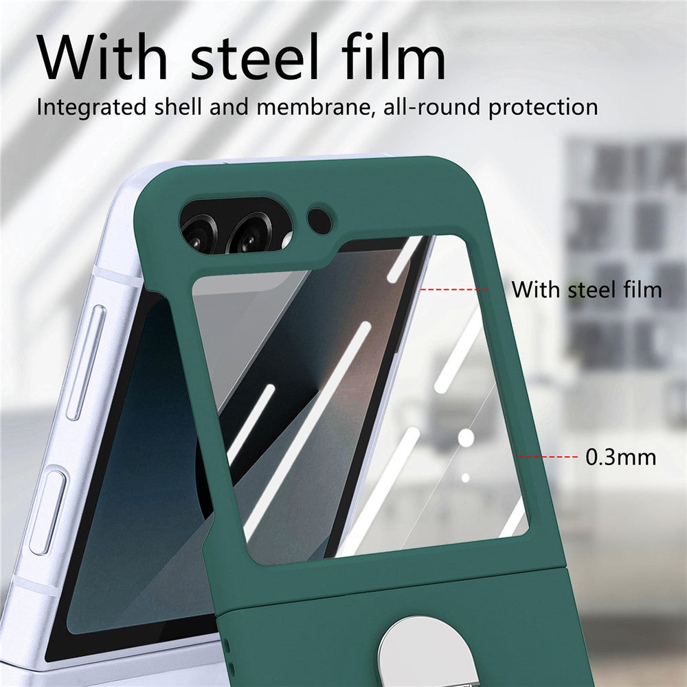For Samsung Galaxy Z Flip7 FE 5G / Z Flip6 5G Case Ring Kickstand PC Phone Cover with Tempered Glass Rear Screen Film - Dark Green